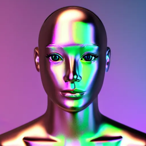 Image similar to 3d render of holographic human robotic head made of glossy iridescent, surrealistic 3d illustration of a human face non-binary, non binary model, 3d model human, cryengine, made of holographic texture, holographic material, holographic rainbow, concept of cyborg and artificial intelligence