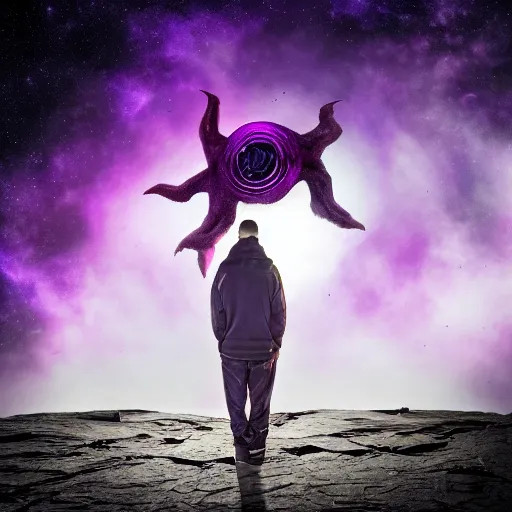 Image similar to anevil and terrifying creature in space in front of a purple nebula, canon eos r 3, f / 1. 4, iso 2 0 0, 1 / 1 6 0 s, 8 k, raw, unedited, symmetrical balance, in - frame