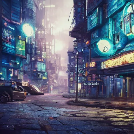 Image similar to Alexander Jansson Style, cyberpunk city with huge lit billboards with androids, CGI, Many Details, Ultra Detailed, Octane Render, Real Engine 5 Cinematic, Realistic, Intricate Detail, Finely Detailed, Small Details, Extra Detail More details, tiny details, high resolution, 3D, PBR, path tracing, volumetric lighting, octane render, Arnold Render, 8k