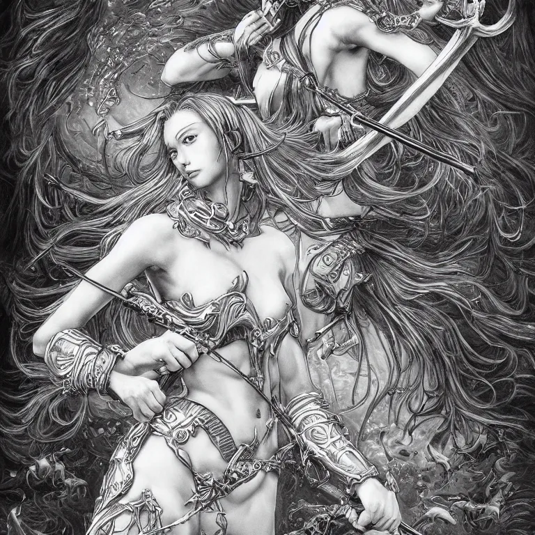Image similar to young river goddess, realistic proportions, sharp focus, beautiful face, in goldfish armor, wielding a fish sword, symmetrical, highly detailed, engraving kentaro miura manga art style trending on artstation 8 k