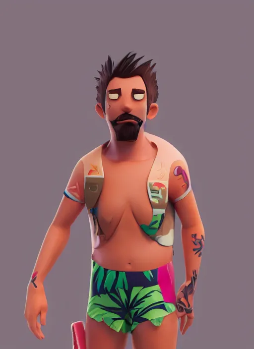 Image similar to 3 2 - year - old sporty man, short stubble, wearing tropical short sleeve shirt and speedo, character design, octane render, 8 k, portrait