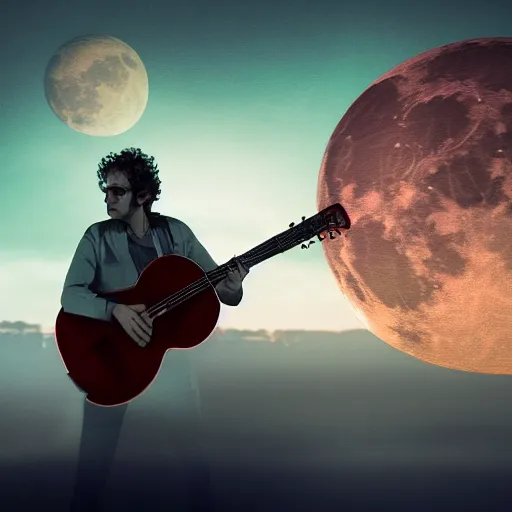 Image similar to gustavo cerati playing on the red moon, digital art, highly detailed, 8 k octane render,