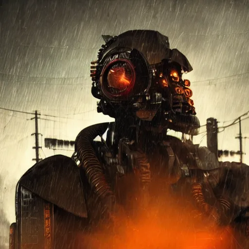 Image similar to mecha made from car parts, dark messy smoke - filled cluttered workshop, dark, dramatic lighting, orange tint, cinematic, highly detailed, sci - fi, futuristic, movie still from blade runner