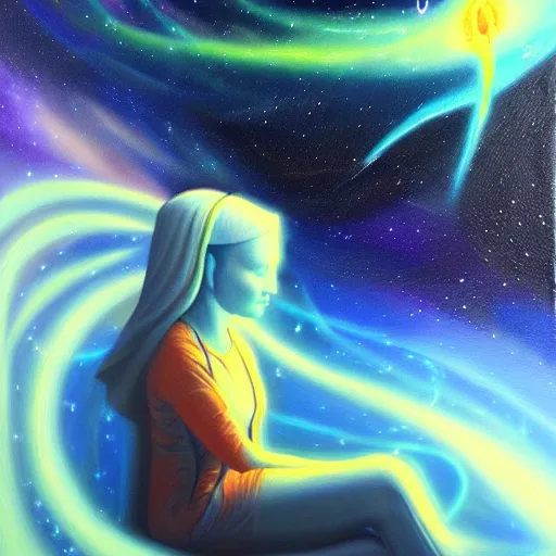 Image similar to scifi astral spirit space journey in oil painting, trending on artstation, award winning, emotional, highly detailed ethereal surrealist art