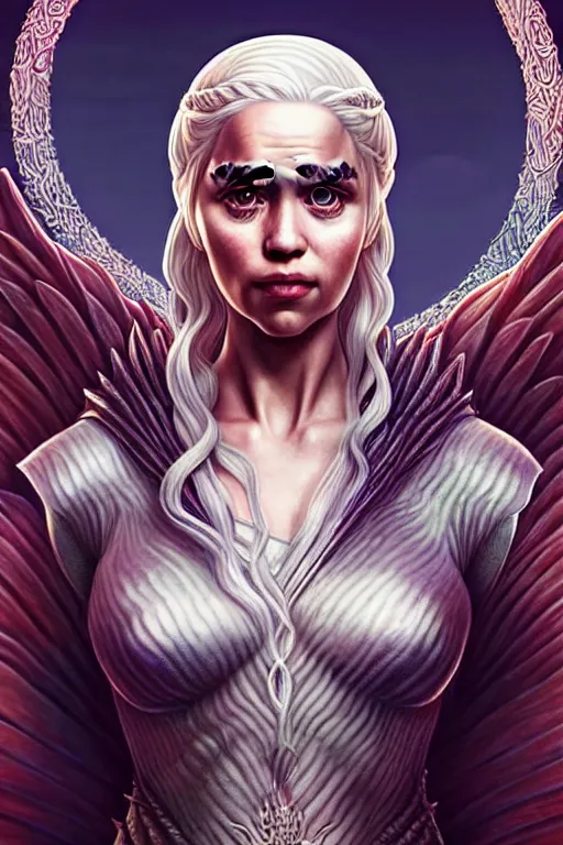 Image similar to beautiful daenerys targaryen ( khaleesi ) portrait, art deco, fantasy, intricate art deco dragon designs, elegant, highly detailed fractals, sharp focus, game of thrones art by artgerm and beeple and greg rutkowski and wlop