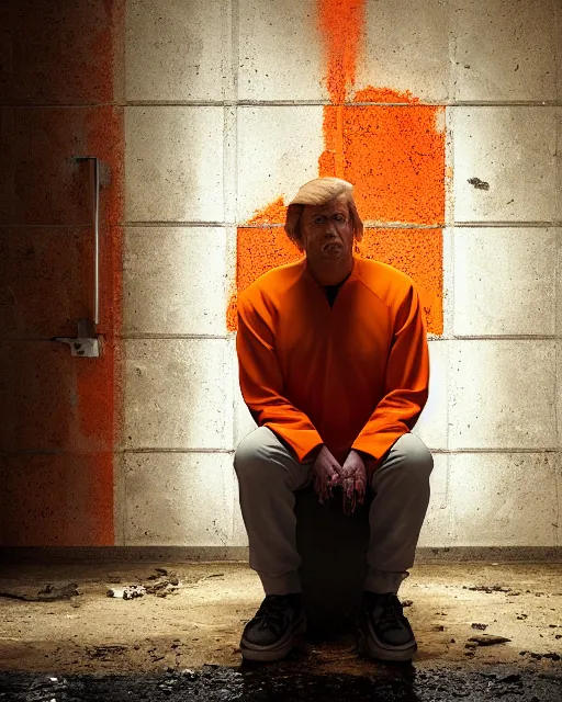 Prompt: a head and shoulders portrait of Donald wearing orange prison clothing, sitting on a toilet holding a bible in a filthy rat infested concrete jail In a maximum security prison, dimly lit, volumetric lighting,, craig mullins octane, 8k,