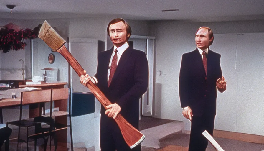 Image similar to 7 0 s movie still of putin in teleshopping show, proudly holding an axe. cinestill 8 0 0 t _ 3 5 mm eastmancolor, heavy grain, high quality, high detail