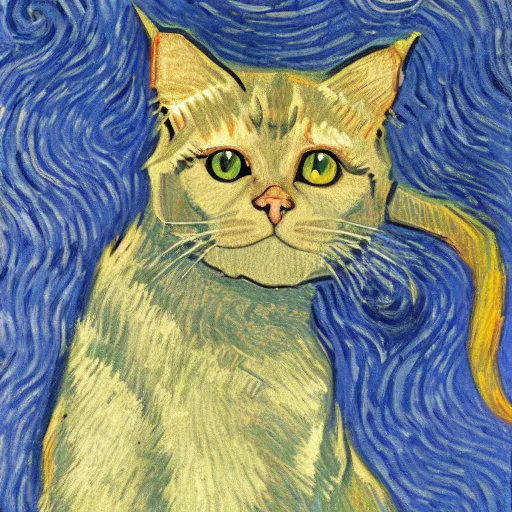 Image similar to cat by van gogh, denoised, fighting Cthulhu, sci fi, cyberpunk 8k