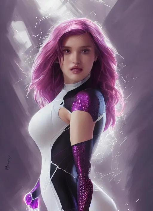 Image similar to ultra realistic illustration, bella thorne as spidergwen, intricate, elegant, highly detailed, digital painting, artstation, concept art, smooth, sharp focus, illustration, art by artgerm and greg rutkowski and alphonse mucha and wlop