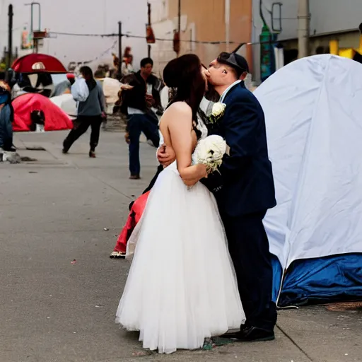 Prompt: a bride and groom kiss in the middle of skid row as homeless people in tents surround them, wedding photo
