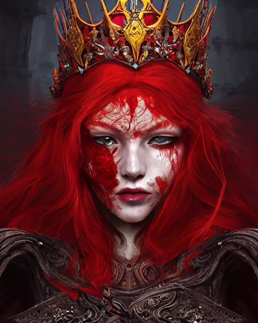 Prompt: redhead queen in heavy red armor, inside an epic gothic castle, baroque, hearts falling, large crown helmet, face with scars, psychopath, aristocratic, intimidating, ominous, high fantasy, intricate detail, digital painting, artstation, concept art, smooth, sharp focus, illustration, art by yoshitaka amano and monia merlo and wlop