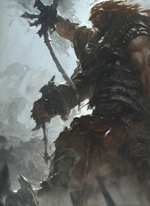 Image similar to ancient historically accurate depiction of the Bible Character Goliath of Gath, the Philistine warrior giant in ancient persian chainmail armor, dramatic lighting art by Yoji Shinkawa by Richard Schmid by greg rutkowski by Sandra Chevrier by Jeremy Lipking cinematic dramatic