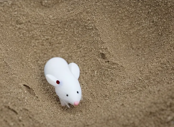 Prompt: dslr photo still of a little white mouse inside an intricate sand castle on wet sand in a bright sunny day, 8 k, 8 5 mm f 1. 4