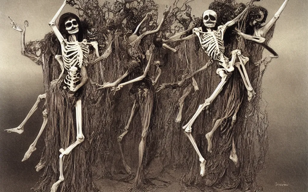 Image similar to eartern european springtime skeleton dancing danse macabre by zdzisław beksinski and gustave dore and alphonse mucha.