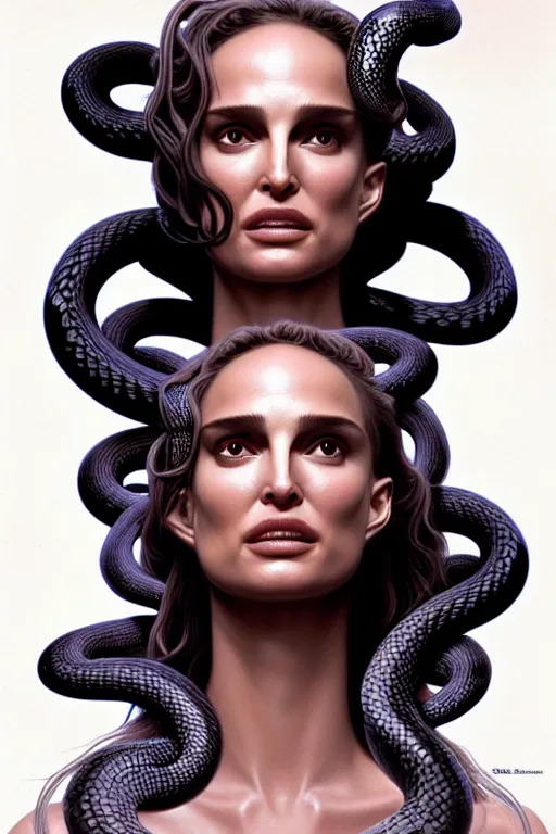 Image similar to Medusa, Natalie Portman, lots of snakes for hair, snakes details, many snakes, background full of snakes, portrait, very detailed, dramatic lighting, electrical details, high details, 4k, 8k, trending on artstation, by Greg Rutkowski, Wayne Barlowe, Hajime Sorayama and Boris Vallejo