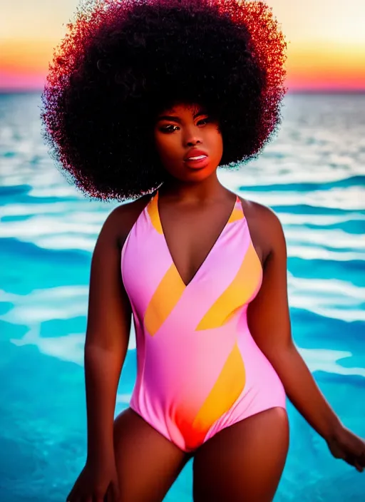 Image similar to a plump afro girl on the edge of the pool in a galographic swimsuit, a swimsuit with a lock on the chest, afro pigtails hairstyle, sunset mood, vogue style, composition, perfect composition, medium close - up ( mcu ), cannon ef 6 5 mm f / 2. 8 8 k