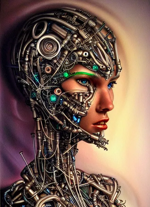 Prompt: biopunk cyborg portrait by julie bell, intricate biopunk patterns, detailed!, very sharp!!!