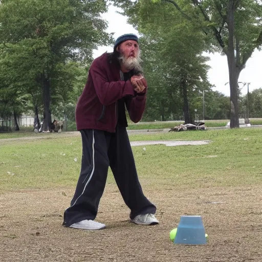 Image similar to a homeless man playing discgolf in the style of a baroque painting