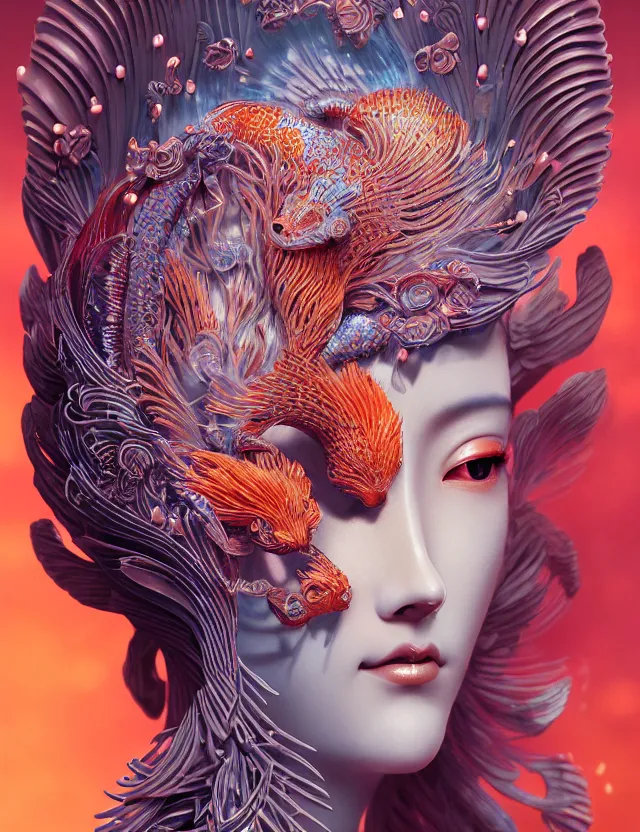 Image similar to 3 d goddess close - up profile portrait. beautiful intricately detailed japanese autumn fox mask and clasical japanese kimono. betta fish, jellyfish phoenix, bio luminescent, plasma, ice, water, wind, creature, artwork by tooth wu and wlop and beeple and greg rutkowski