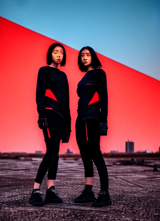 Image similar to cinestill 5 0 d photograph of 2 women wearing black techwear in front of a brutalist sharp - edged metal building, closeup, on a desolate plain with a red sky, dystopia, cyberpunk, 4 k, 8 k, depth of field, high resolution, realistic faces, hd, raw