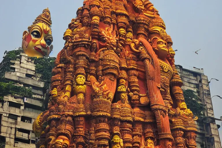 Image similar to dreamscape! mumbai with biomorphic hanuman!! head building, kalighat, sharp hyperrealistic cinematic smooth, stephen shore & john j. park, soft morning light, wide shot, high angle, uhd 8 k, deep focus