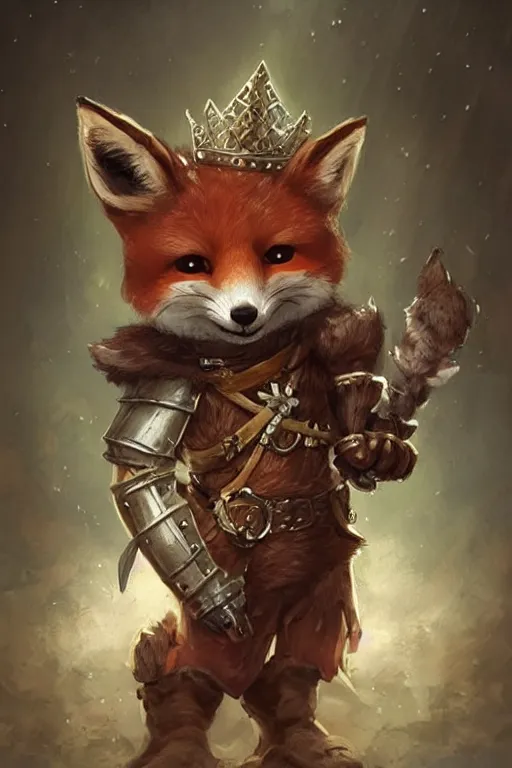 Image similar to cute little anthropomorphic foxy knight wearing a cape and a crown, tiny, small, miniature fox, baby animal, short, pale blue armor, cute and adorable, pretty, beautiful, DnD character art portrait, matte fantasy painting, DeviantArt Artstation, by Jason Felix by Steve Argyle by Tyler Jacobson by Peter Mohrbacher, cinematic lighting