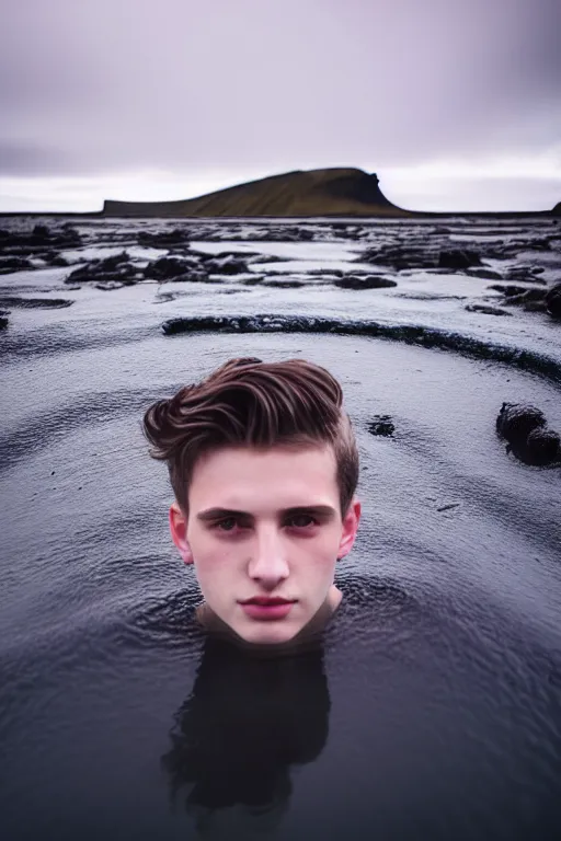 Prompt: high quality pastel coloured film mid angle docu photograph of a beautiful young 2 0 year old male, soft features, short black hair, clothed, in icelandic black rock pool environment. atmospheric. three point light. photographic. art directed. ( pastel colours ). volumetric light. clearcoat. waves glitch. 8 k. filmic.
