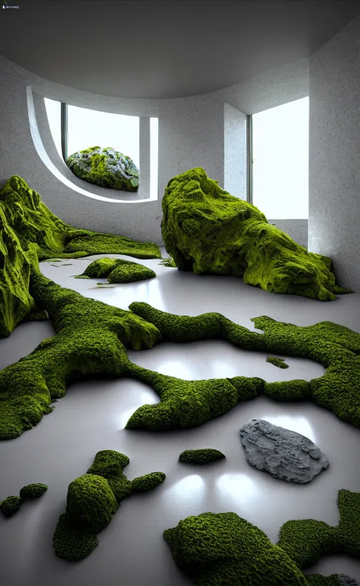 Image similar to highly detailed ultra sharp 3 d render villa interior cinematic composition of a smooth ceramic porcelain biomorphic magnolia stone nebula fluid fractal sci - fi surreal architecture landscape, granite, metallic, magnesium, marble, moss and lichen, vincent callebaut composition, mamou - mani, archviz, beautiful lighting, 8 k, unreal engine, hdr,