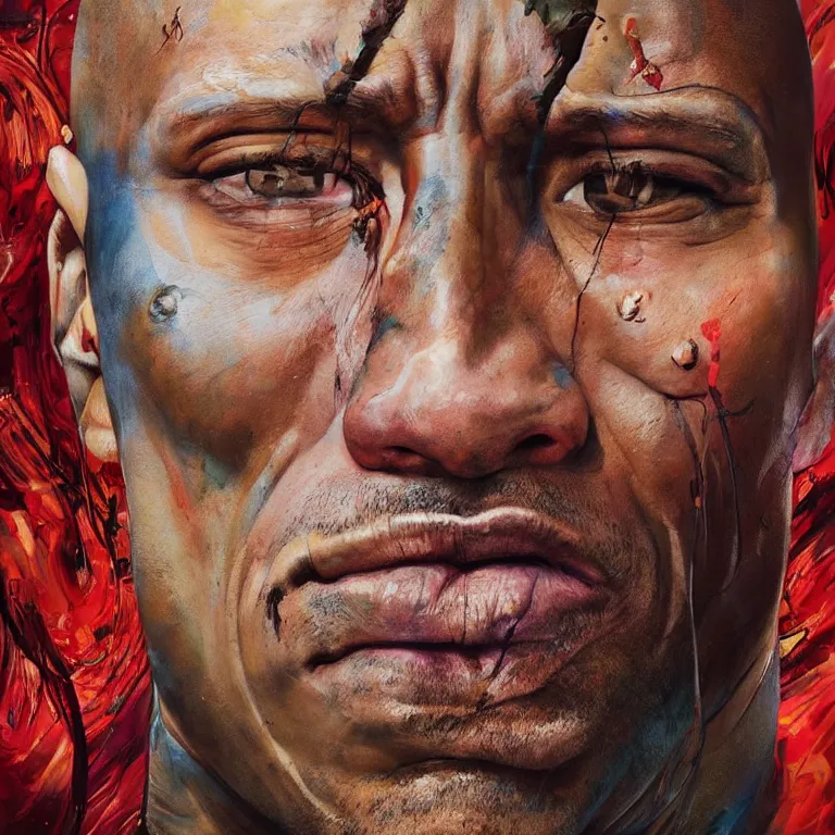 Image similar to dwayne johnson raising an eyebrow in the style of adrian ghenie, raising eyebrow, 3 d render, face close up, esao andrews, jenny saville, surrealism, dark art by james jean, ross tran