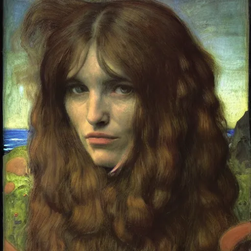 Image similar to portrait of hostile alien visitor, pre-raphaelite painting by john william waterhouse