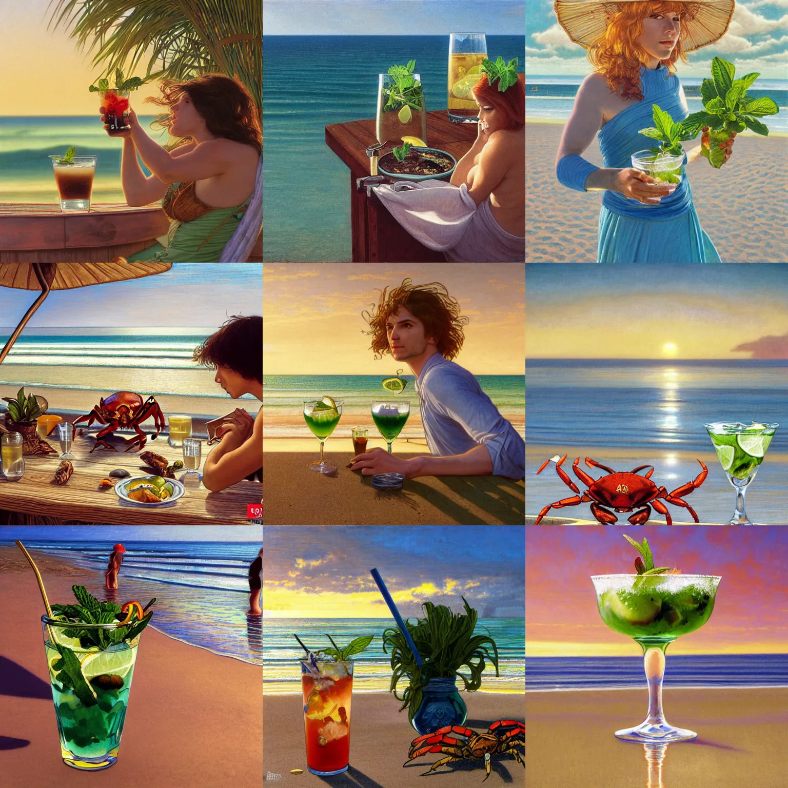 Prompt: a crab drinking a mojito at the beach, golden hour, depth of field, zeiss lens, detailed, centered, artstation, donato giancola, Dante Gabriel Rossetti, alphonse mucha, Joseph Christian Leyendecker, WLOP, Boris Vallejo, Annie Leibovitz and Steve McCurry, David Lazar, Jimmy Nelsson, Breathtaking, 8k resolution, extremely detailed, beautiful, establishing shot, artistic