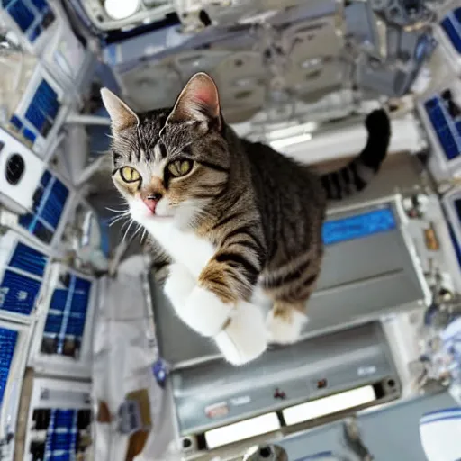 Prompt: Photo of a cat floating inside the ISS, realistic award-winning