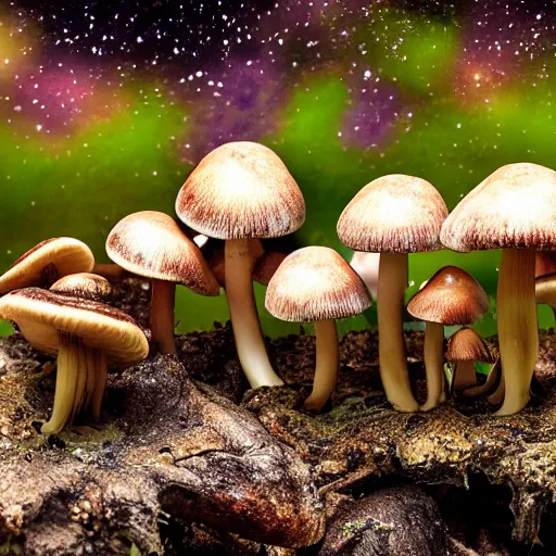 Image similar to ultra realistic hdr photo of mushrooms growing on an ancient alternative exotic alien planet in a galaxy far far away