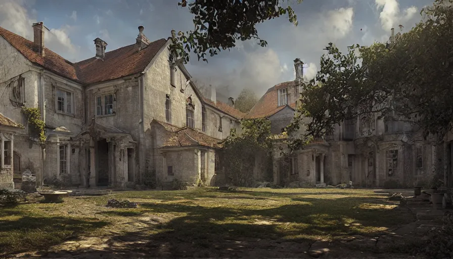 Prompt: portrait of a georgian manor house on a street, courtyard, highly detailed, architecture, blue sky, cinematic lighting, godrays, volumetric, digital art painting by greg rutkowski