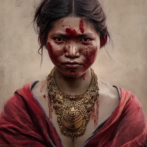 Prompt: portrait painting of a bloodied nepali female butcher, ultra realistic, concept art, intricate details, eerie, highly detailed, photorealistic, octane render, 8 k, unreal engine. art by artgerm and greg rutkowski and alphonse mucha