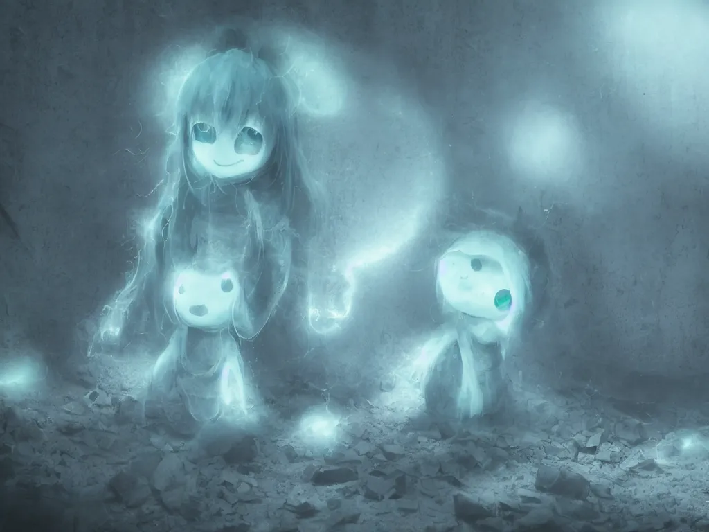 Image similar to cute fumo plush smiling ghost girl lingering in a mysterious concrete organic ruin, technicolor horror, chibi gothic maiden in tattered rags, glowing wisps of hazy green smoke and eerie blue volumetric fog swirling about, moonlight, glowing lens flare, vray