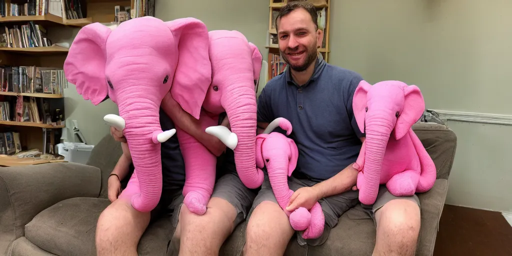 Image similar to Photo of a man on a chair with his pink miniature elephant on his lap