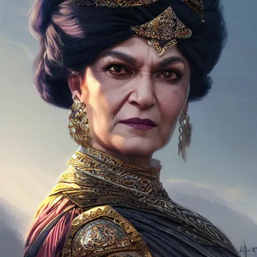 Prompt: old persian empress, shohreh aghdashloo, twilight lighting, d & d, fantasy, portrait, highly detailed, digital painting, trending on artstation, concept art, sharp focus, illustration, art by artgerm and greg rutkowski and magali villeneuve