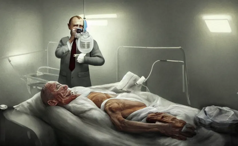 Image similar to hyperrealistic painting of very ill Vladimir Putin as a patient wearing an oxygen mask on a death bed inhaling from Copium tank that stand near his bed, artstation, matte painting, highly detailed, intricate, concept art, game art, octane render, 8k, unreal engine