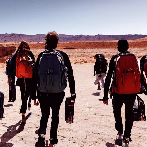 Image similar to a huge group of models wearing giant hiking backpacks, walking in the desert, margiela campaign, giant crowd, cinematic lighting, hd vfx, shot from behind