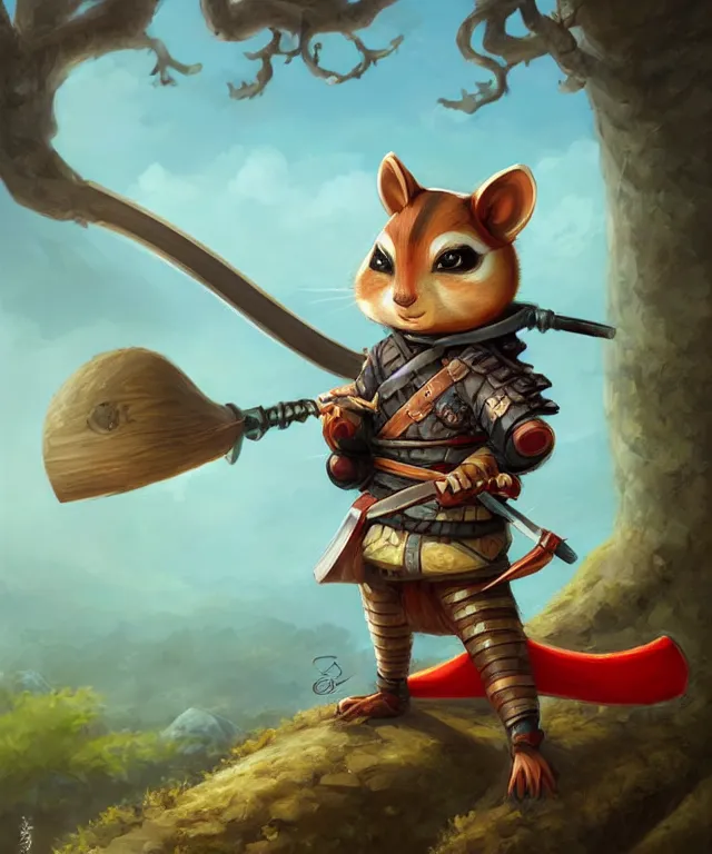 Image similar to anthropomorphic chipmunk samurai, samurai outfit, standing in a beautiful landscape, cute and adorable, dnd character art portrait, matte fantasy painting, deviantart artstation, by jason felix by steve argyle by tyler jacobson by peter mohrbacher, cinematic lighting