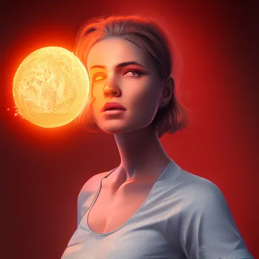 Prompt: woman holding a ball of plasma, wearing a shirt, beautiful face, digital art, expressive oil painting, highly detailed, trending on artstation, realism, octane render