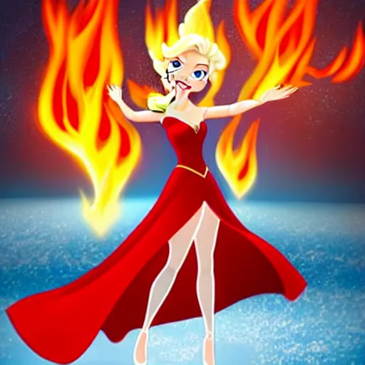 Prompt: elsa in a red dress with fire powers