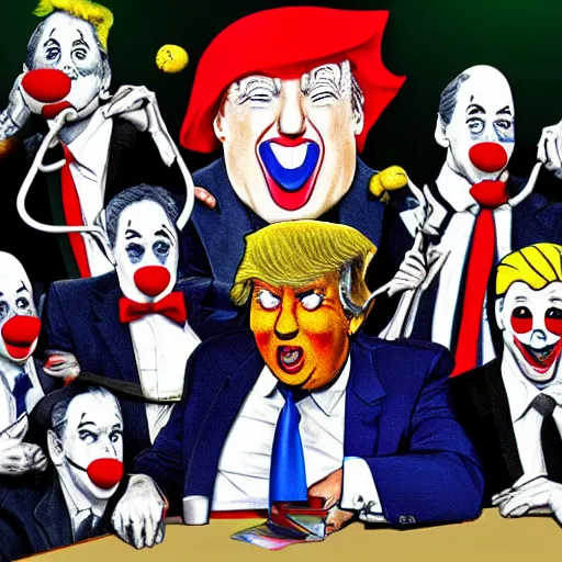 Image similar to Donald Trump as a clown with a group of clowns, trending on deviantart