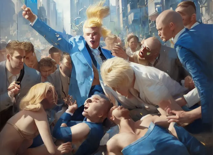 Image similar to a blond man in a blue suit wounded surrounded by a crowd, organic painting, sunny day, matte painting, bold shapes, hard edges, street art, trending on artstation, by huang guangjian, gil elvgren, ruan jia, randy vargas, greg rutkowski