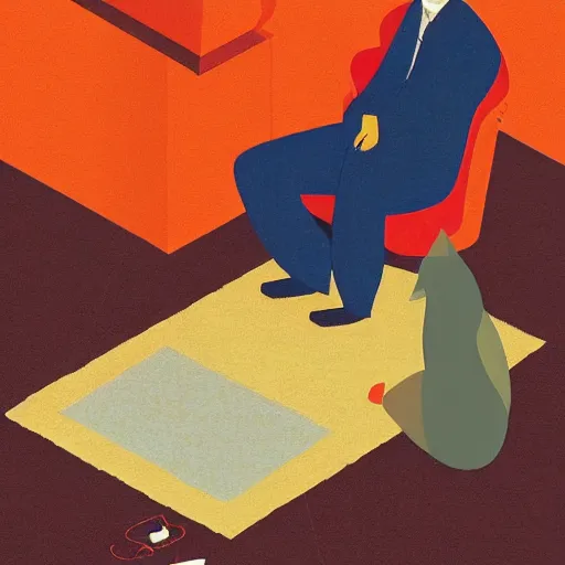 Image similar to a man sitting on top of a rug, a storybook illustration by marius borgeaud, behance contest winner, magical realism, isometric, storybook illustration, photoillustration