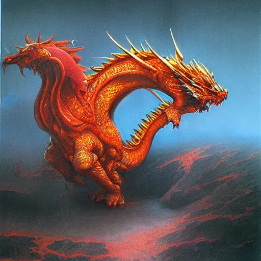 Image similar to fire dragon concept, epic, ancient, beksinski