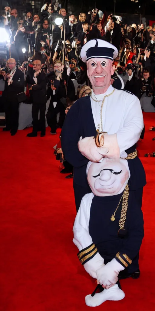 Image similar to popeye the sailor on the red carpet, oscar, photo, direct flash, celebrity, high detail,