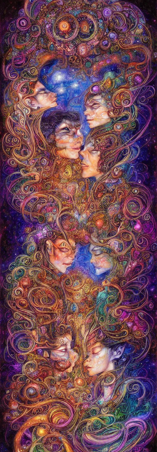 Image similar to two psychedelic shamans intertwined in a cosmic entanglement by Josephine Wall and Daniel Merriam, Artstation