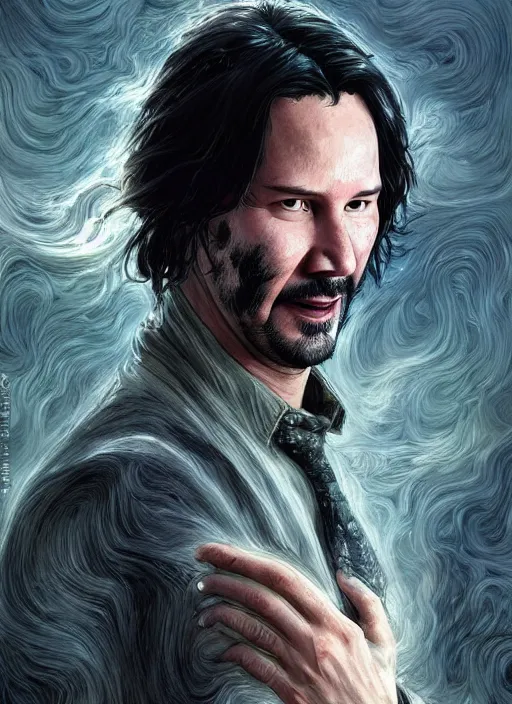 Image similar to keanu reeves as sandman elemental, with fingers and hair turning into smoke, fantasy, intricate, elegant, highly detailed, digital painting, artstation, concept art, wallpaper, smooth, sharp focus, illustration, art by artgerm and greg rutkowski and alphonse mucha